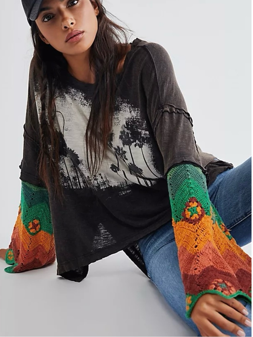 We the Free People So Edgy Tee Oversized Slouchy Crochet Flare Sleeve XS / Small